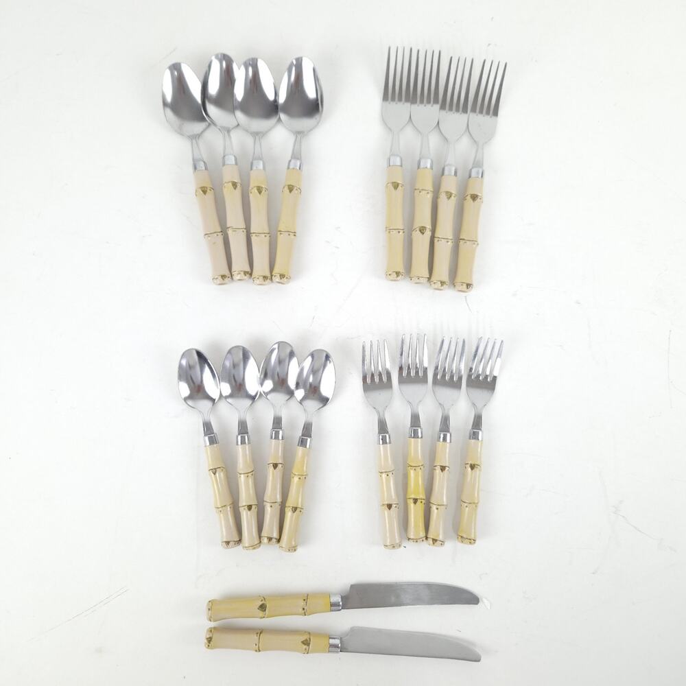 VTG Faux Bamboo Flatware Silverware 18-Set Plastic Stainless Steel Coastal Boho